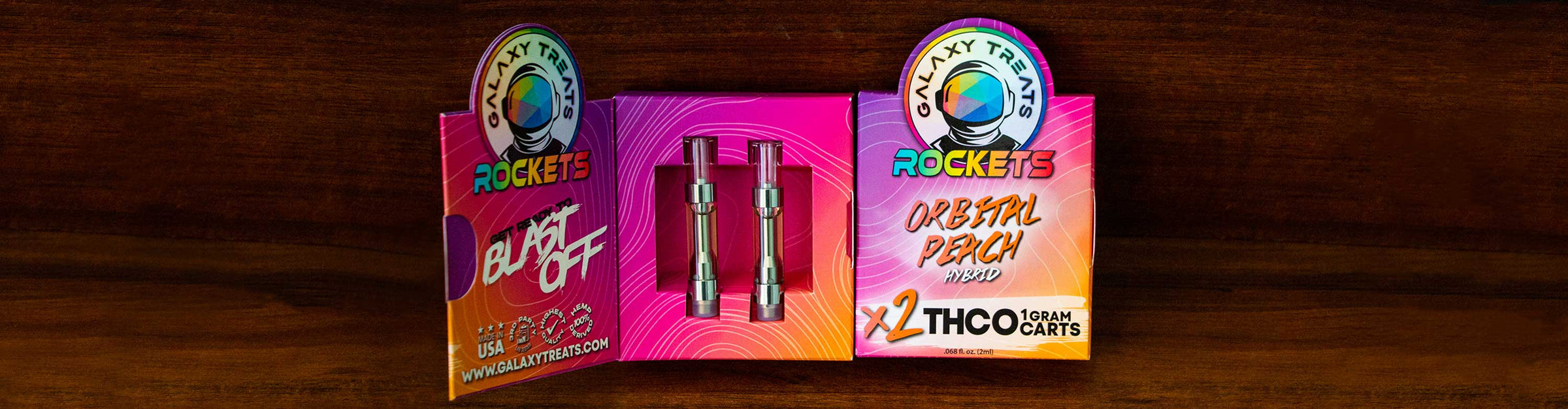 Galaxy Treats Rockets Blast Off CBD Cartridge packet opened on wooden table