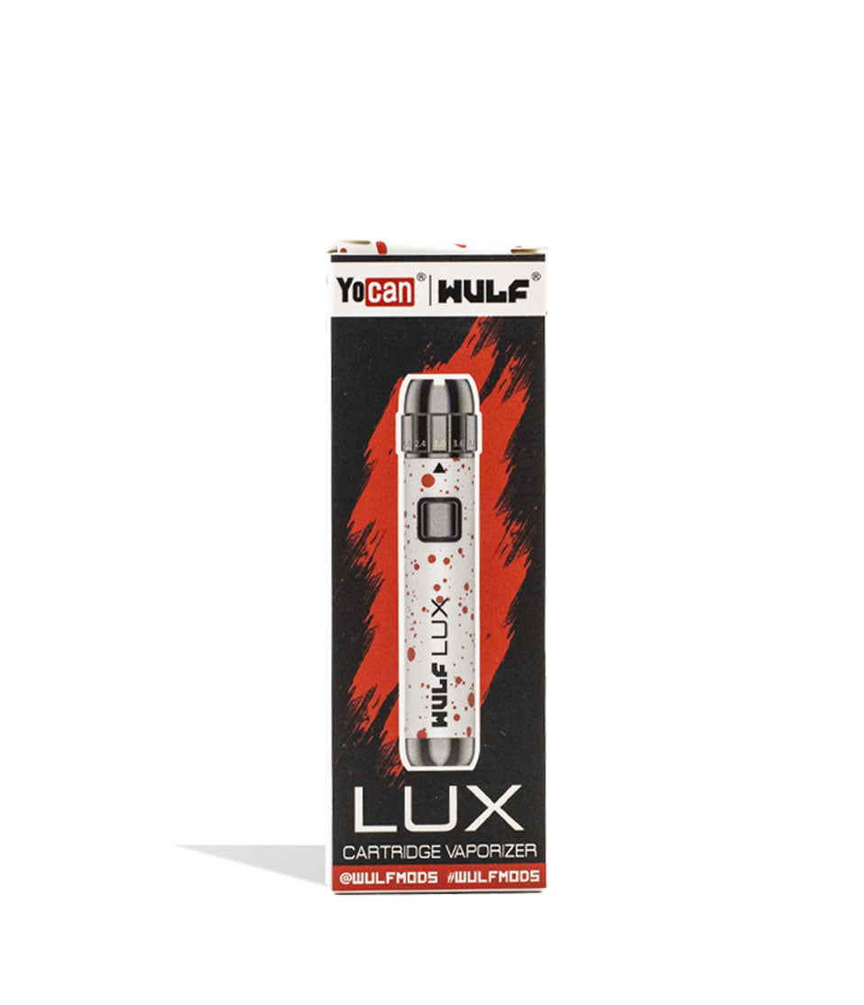 White Red Spatter Wulf Mods LUX Cartridge Vaporizer Packaging Front View on White Background