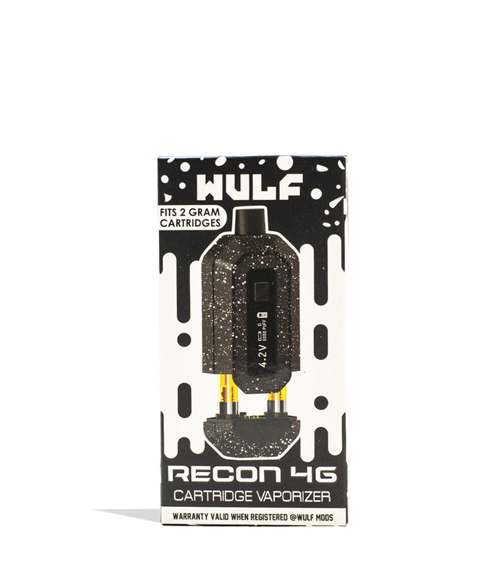 Black White Spatter Wulf Mods Recon 4g Dual Cartridge Vaporizer Packaging Front View on White Background