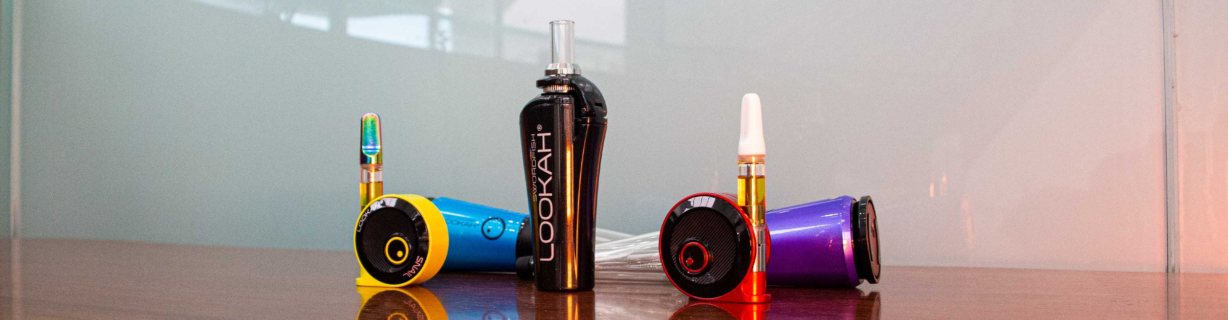 Lookah Products standing on table in office lobby 