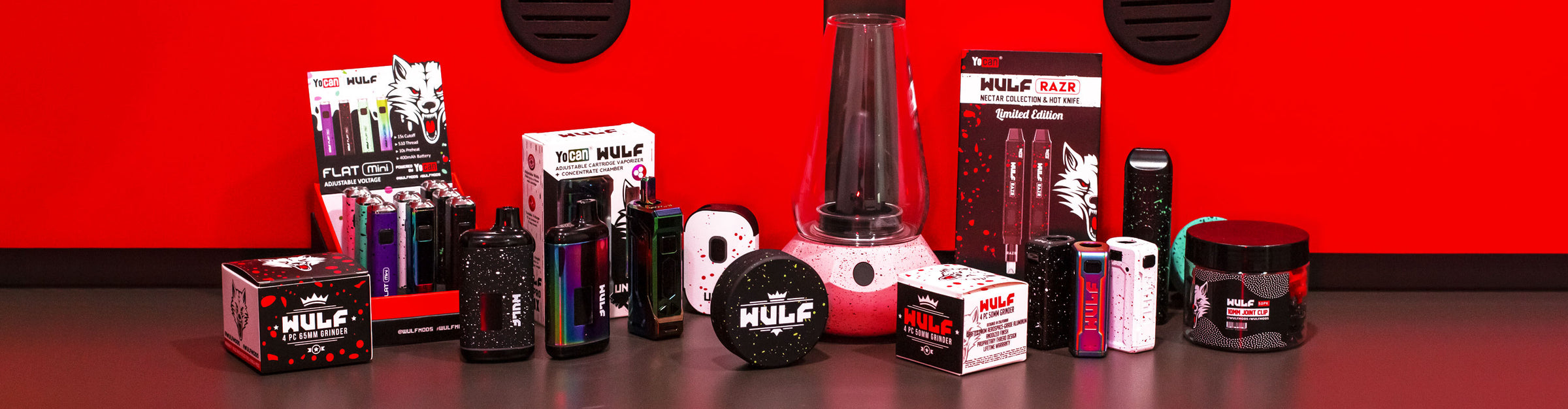 Got Vape Retail Wulf Mods Collection standing on black display in front of red background