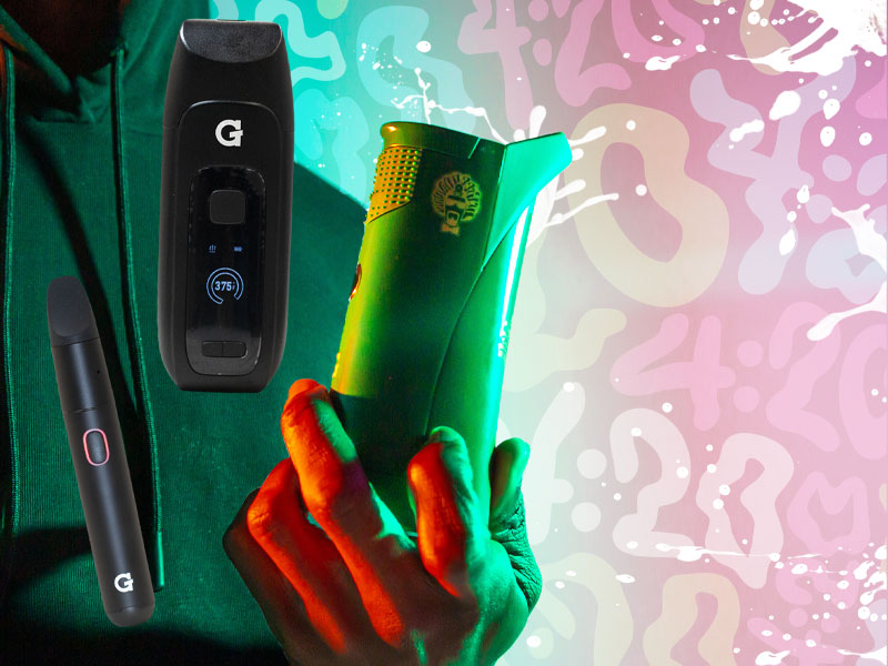 Man holding GPen products in front of trippy 4/20 background with paint splatters