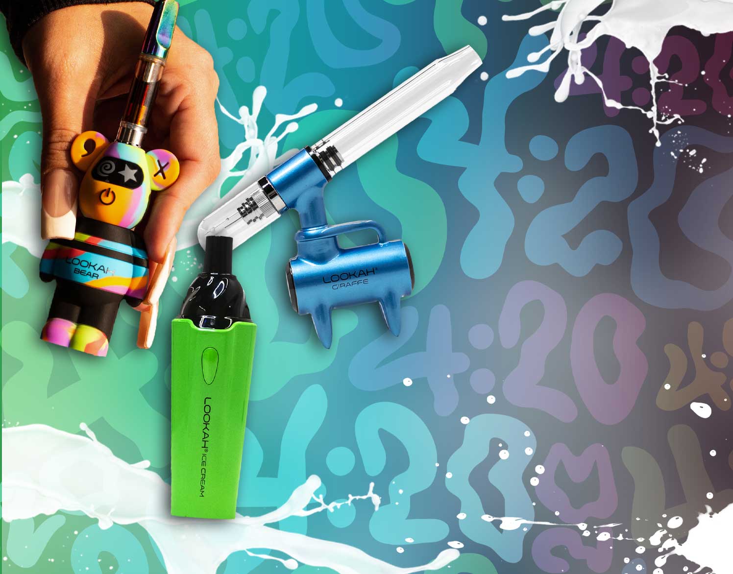 Lookah products on 4/20 background with splatter effects