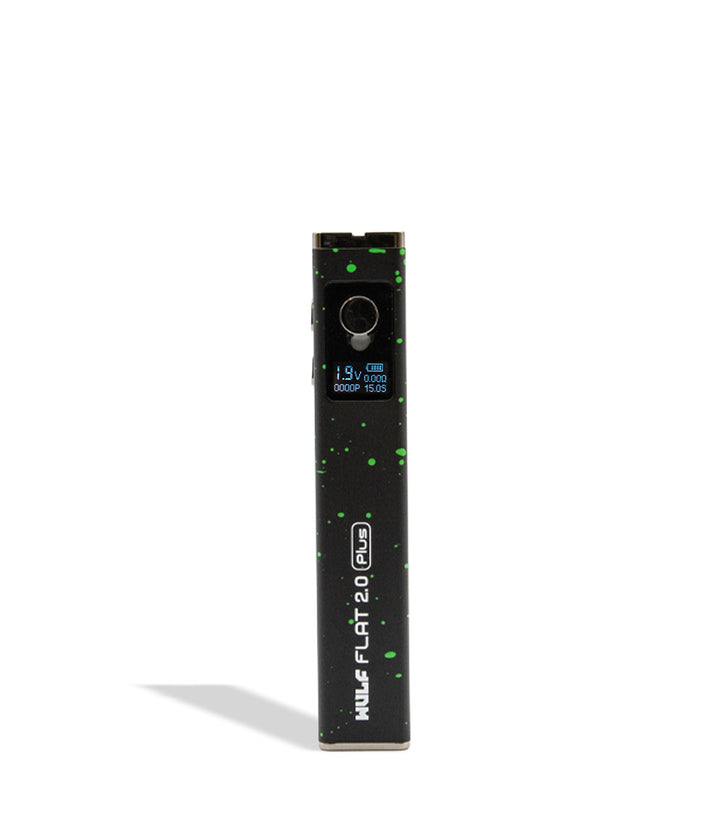 WULF Flat Plus 2.0 510 thread battery in black with green spatter, upright with the display lit