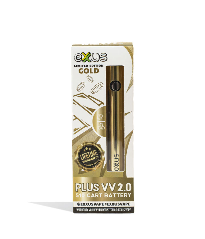 Gold Exxus Vape Plus VV 2.0 Cartridge Vaporizer Packaging Front View on White Background