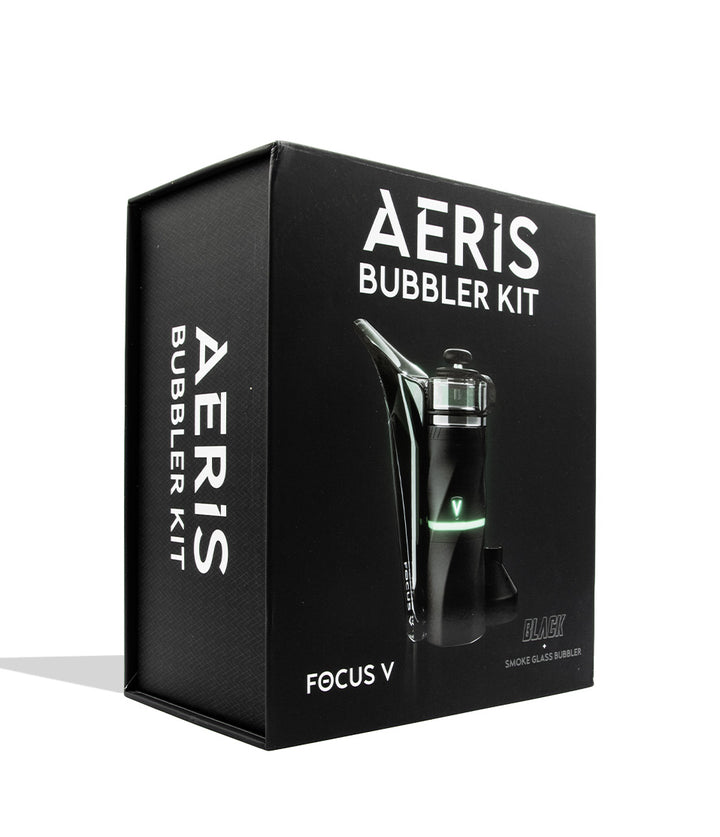 Focus V Aeris Portable Concentrate Vaporizer on white background smoke color box packaging quarter view