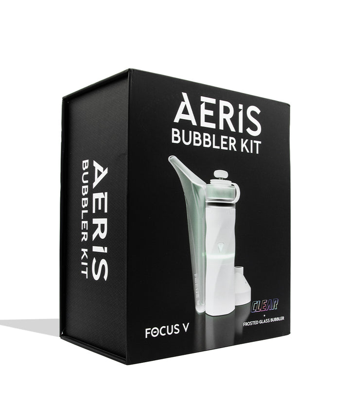 Focus V Aeris Portable Concentrate Vaporizer on white background clear color box packaging quarter view