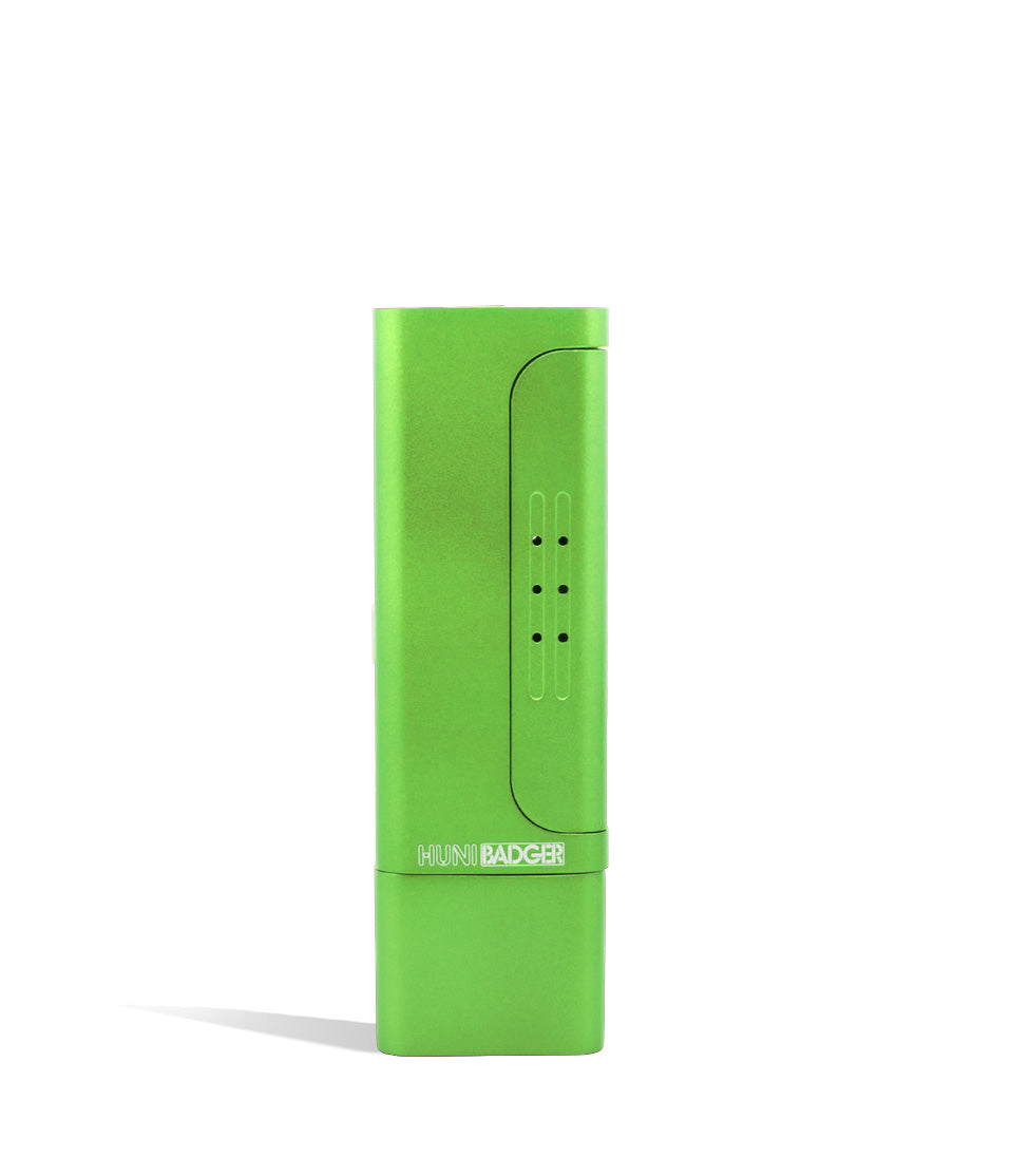 Green front view Huni Badger Portable Electronic Vertical Vaporizer on white studio background