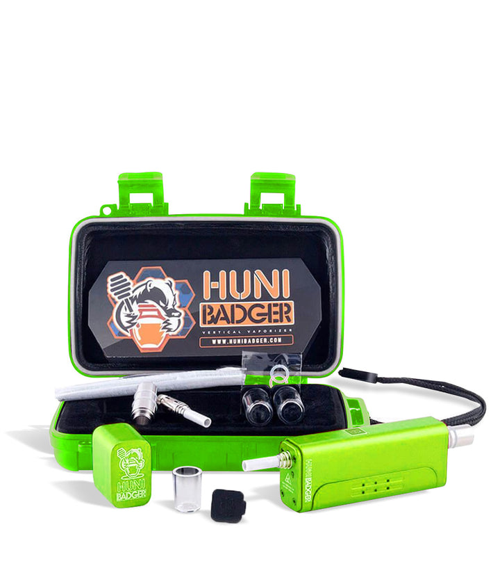 Green kit Huni Badger Portable Electronic Vertical Vaporizer on white studio background