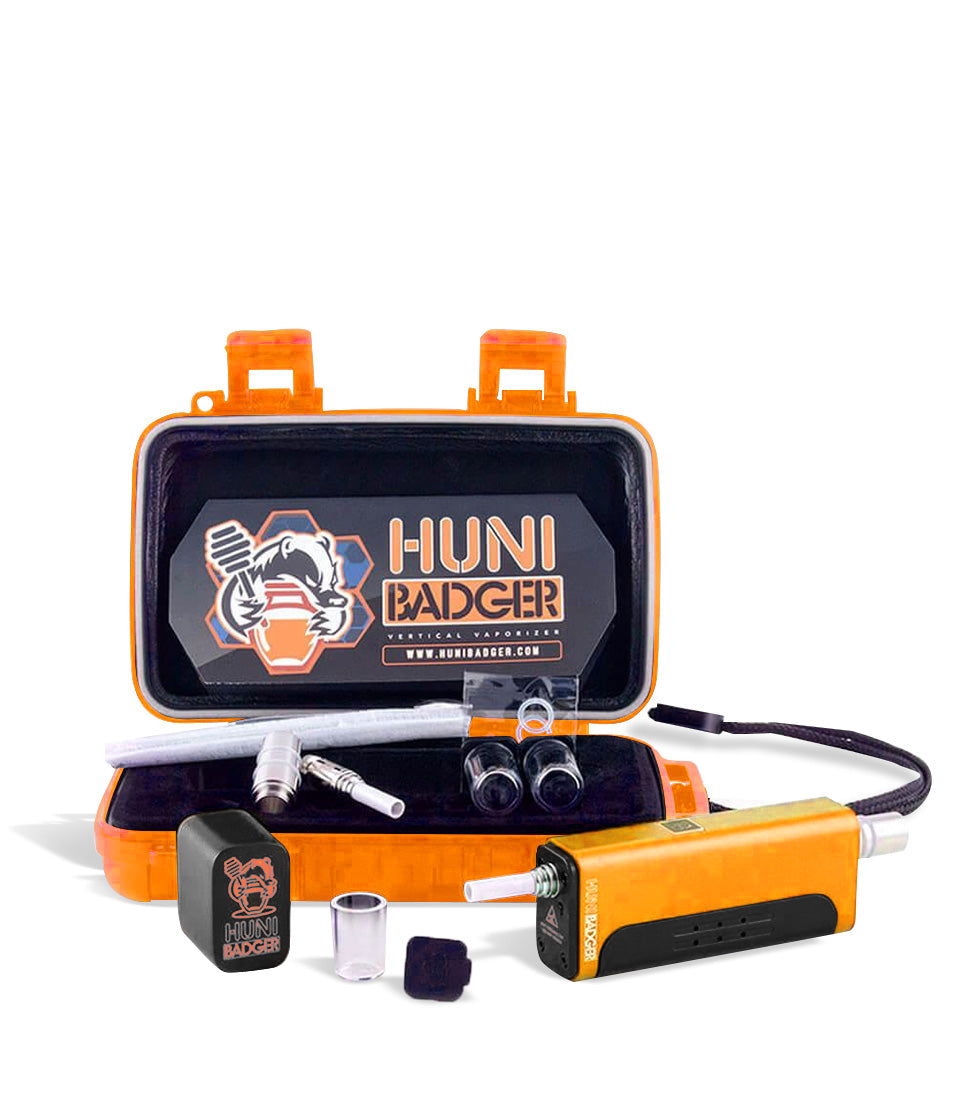 Orange kit Huni Badger Portable Electronic Vertical Vaporizer on white studio background