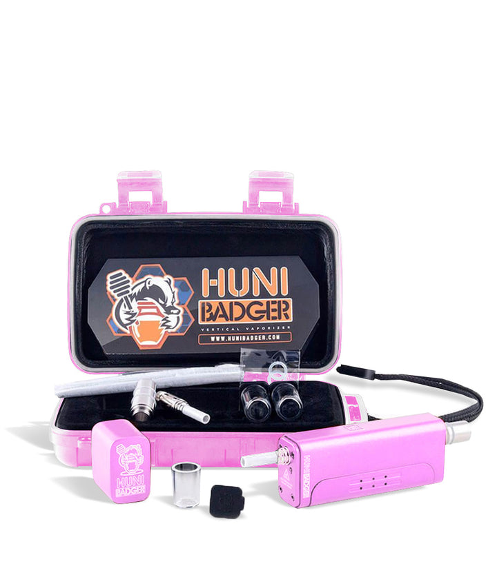 Pink kit Huni Badger Portable Electronic Vertical Vaporizer on white studio background