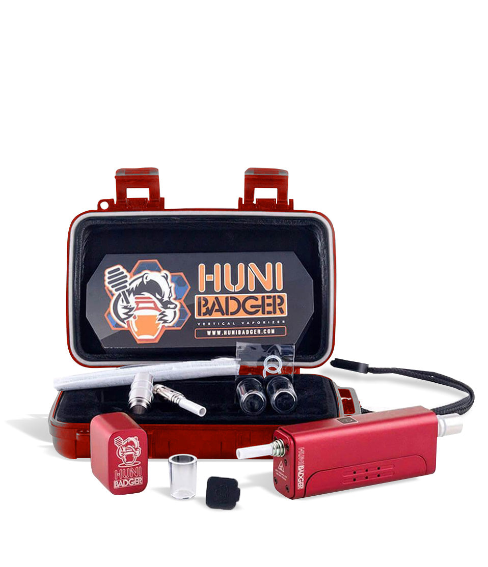 Red kit Huni Badger Portable Electronic Vertical Vaporizer on white studio background