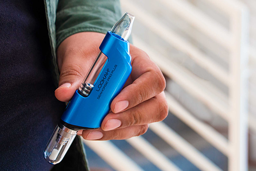 Man holding a blue Lookah Seahorse Pro Plus near stairs inside office