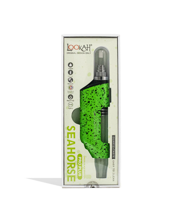 Green Lookah Seahorse Pro Plus Spatter Edition Nectar Collector Packaging Front View on White Background