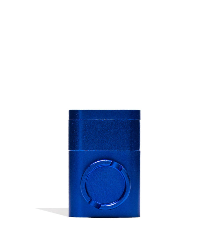 Blue Metal Herb Grinder with Built In Pipe Front View on White Background