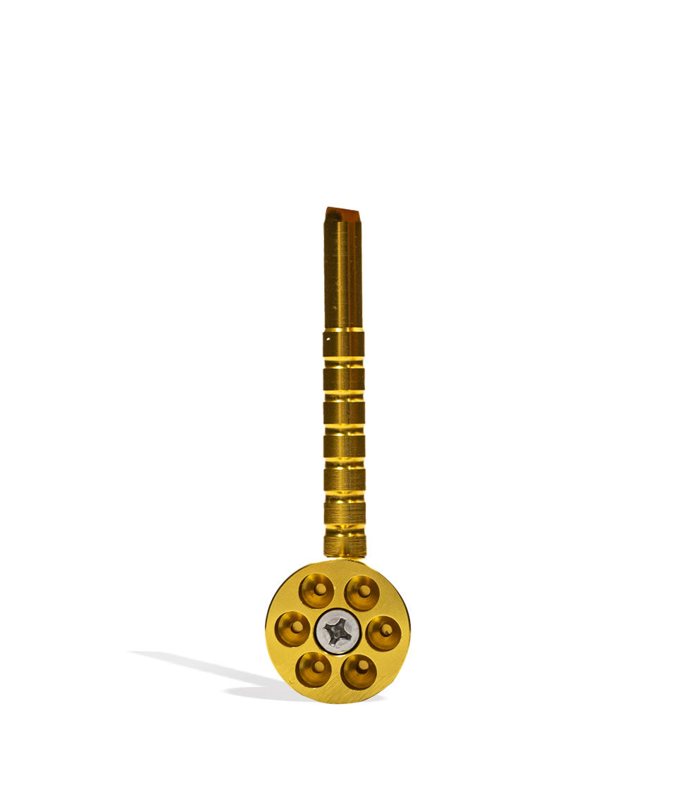 Gold Six Shooter Metal Pipe Face View on White Background