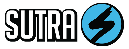 Sutra logo featuring the word 'SUTRA' in bold white letters with a black outline, alongside a circular blue emblem containing a black lightning bolt, on a solid black background.