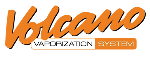 Volcano Vaporization System logo featuring orange stylized 'Volcano' script with black drop shadows above a white and orange banner reading 'VAPORIZATION SYSTEM' on a light gray background.