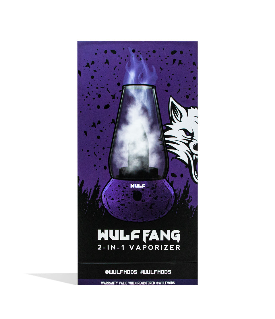 Purple and Black Spatter Wulf Mods Fang 2-in-1 Vaporizer box front view on white background