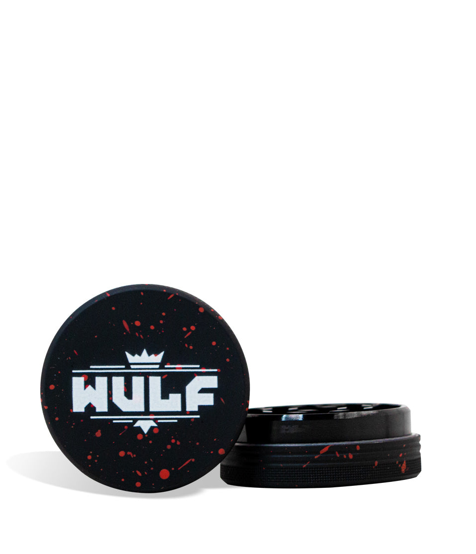 Black and Red Spatter Wulf Mods 2pc 65mm Spatter Grinder on white background