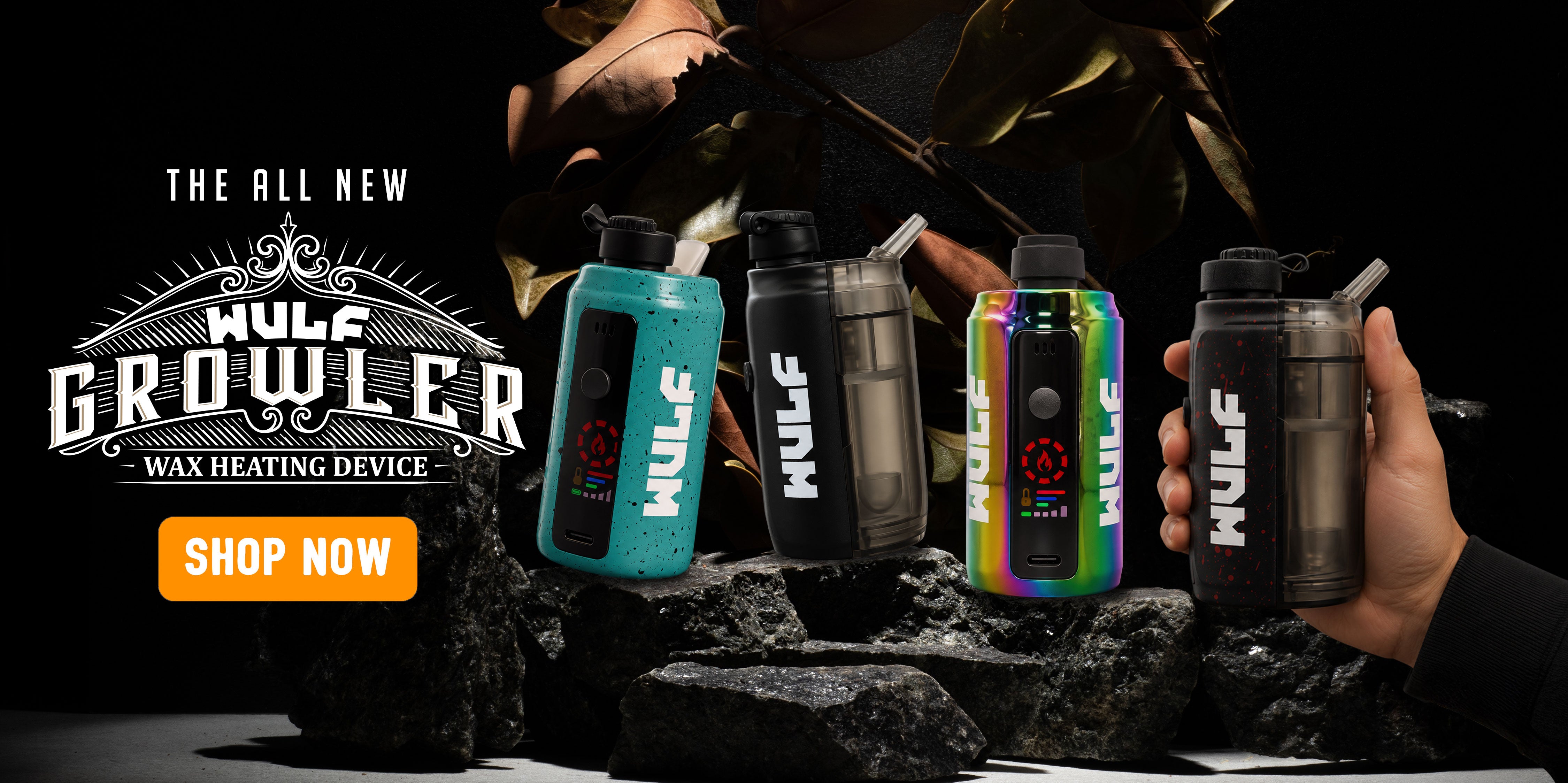 WULF Growler wax heating device with colorful designs on a dark background