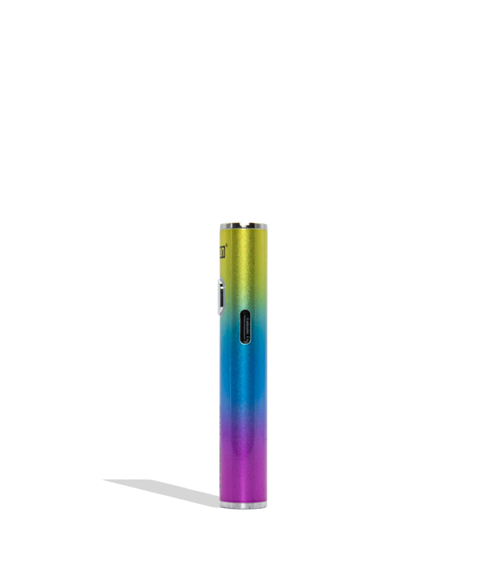 WULF MODS Hito, a slim cylindrical vape device with a metallic rainbow gradient transitioning from yellow-green to blue and purple, standing upright on a white background with a soft shadow exposing its USB-C port.