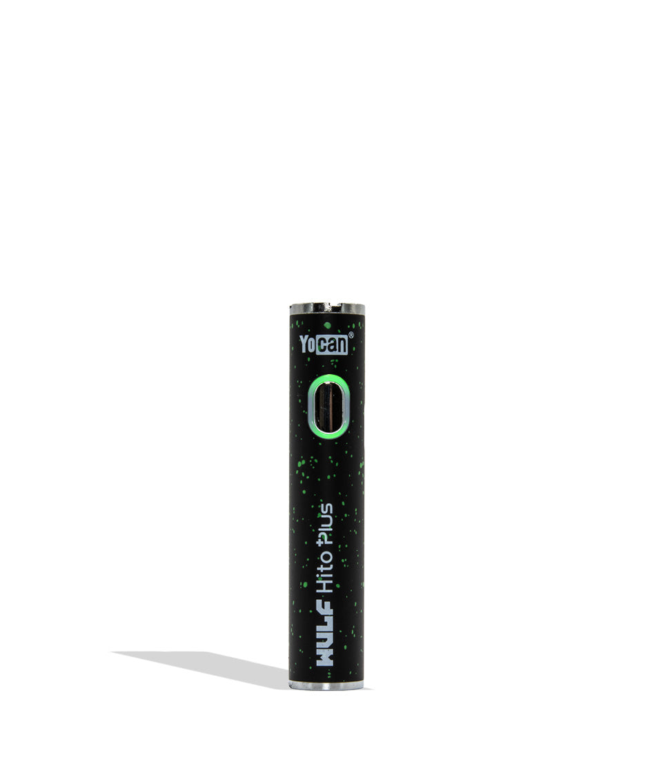 WULF Mods Yocan Hito Plus vaporizer 510 battery standing vertically upright on a white background in the color variant black green spatter