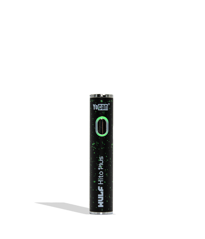 WULF Mods Yocan Hito Plus vaporizer 510 battery standing vertically upright on a white background in the color variant black green spatter