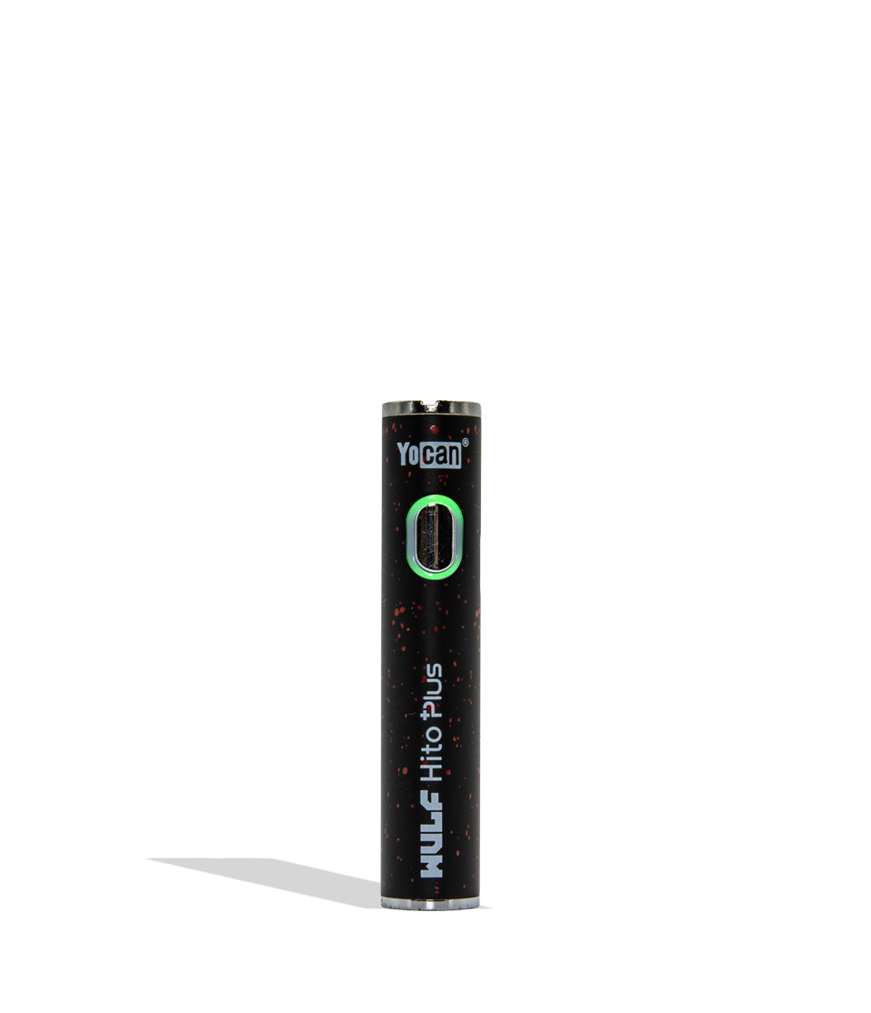 WULF Mods Yocan Hito Plus vaporizer 510 battery standing vertically upright on a white background in the color variant black red spatter