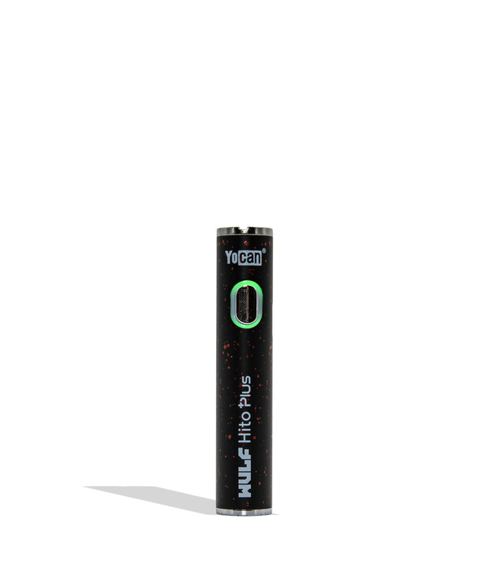 WULF Mods Yocan Hito Plus vaporizer 510 battery standing vertically upright on a white background in the color variant black red spatter