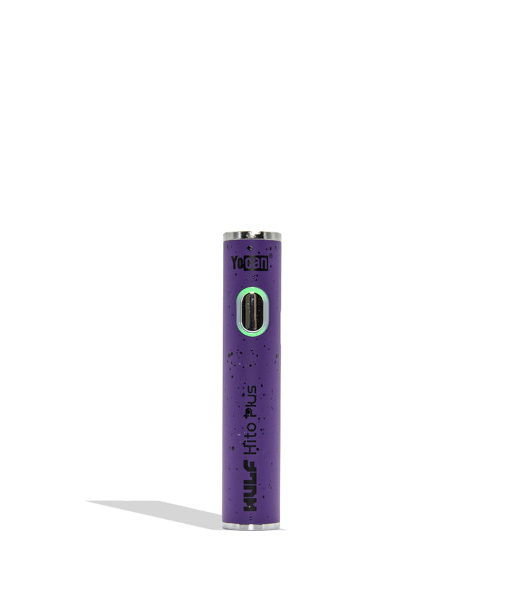 WULF Mods Yocan Hito Plus vaporizer 510 battery standing vertically upright on a white background in the color variant purple black spatter