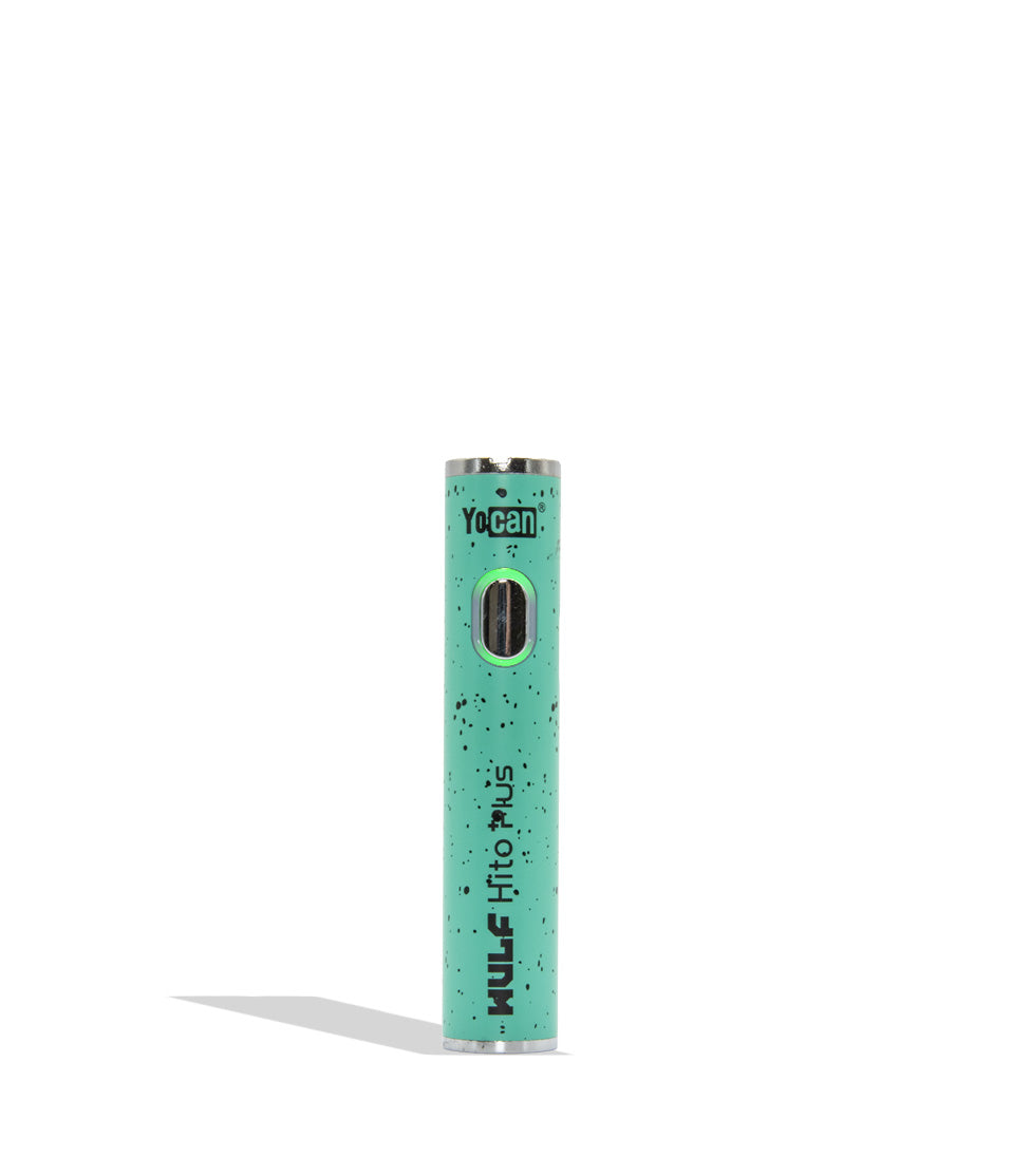WULF Mods Yocan Hito Plus vaporizer 510 battery standing vertically upright on a white background in the color variant teal black spatter
