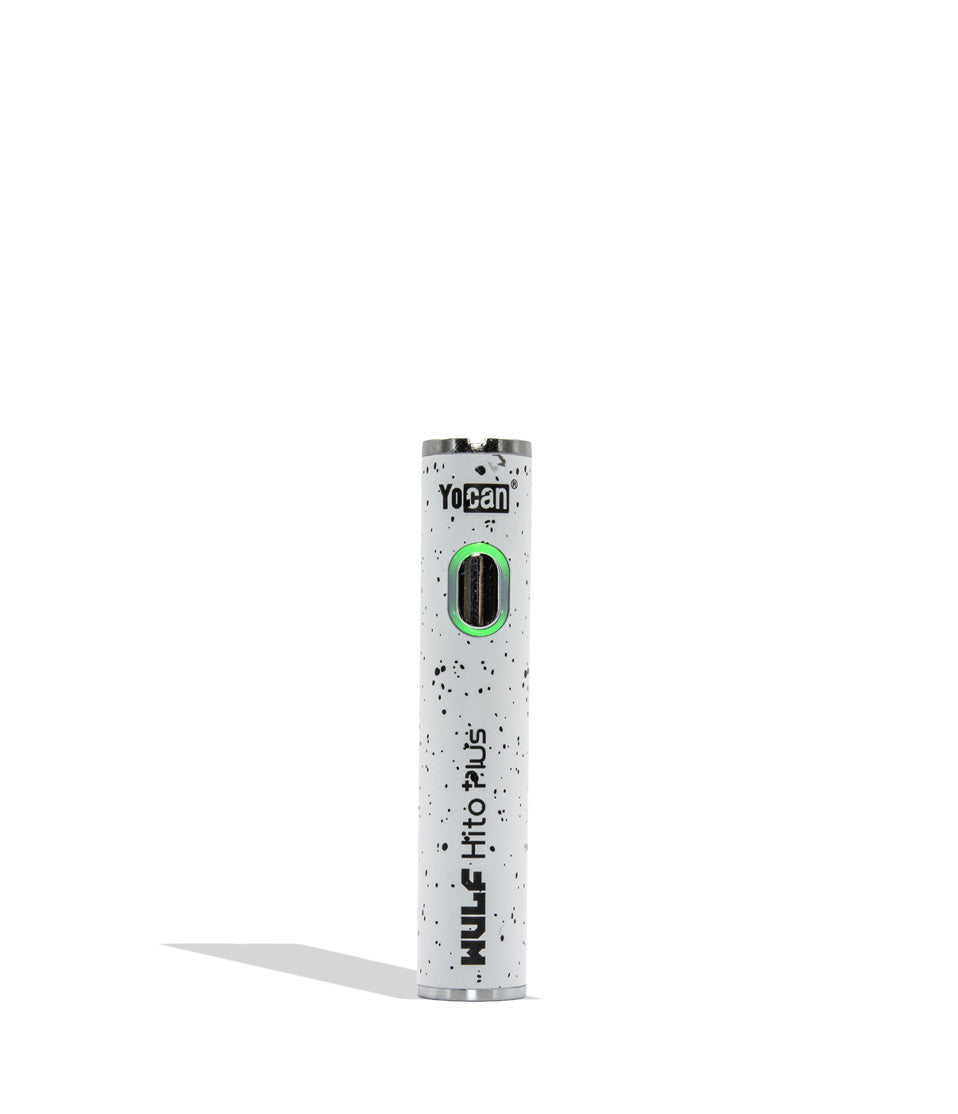 WULF Mods Yocan Hito Plus vaporizer 510 battery standing vertically upright on a white background in the color variant white black spatter