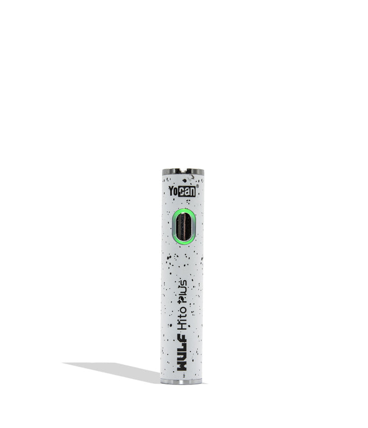 WULF Mods Yocan Hito Plus vaporizer 510 battery standing vertically upright on a white background in the color variant white black spatter