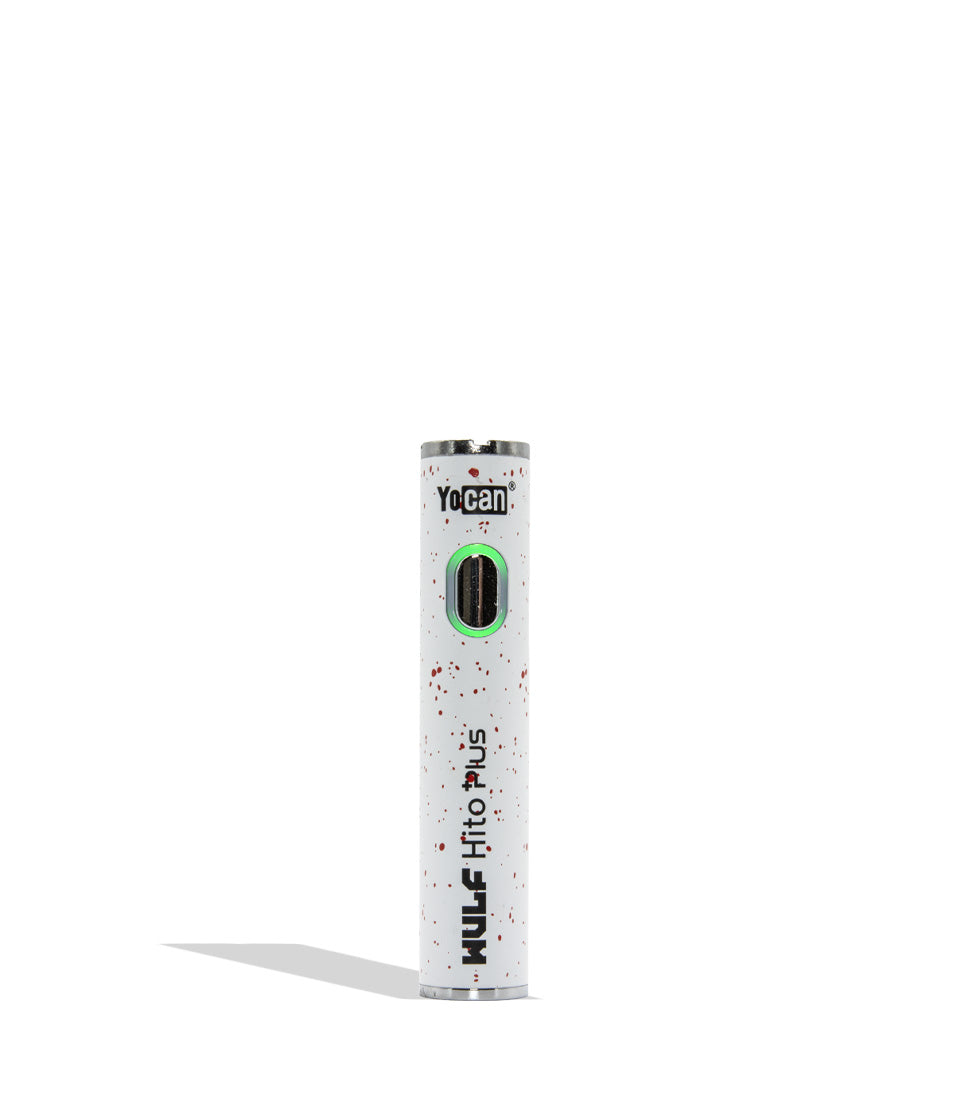 WULF Mods Yocan Hito Plus vaporizer 510 battery standing vertically upright on a white background in the color variant white red spatter