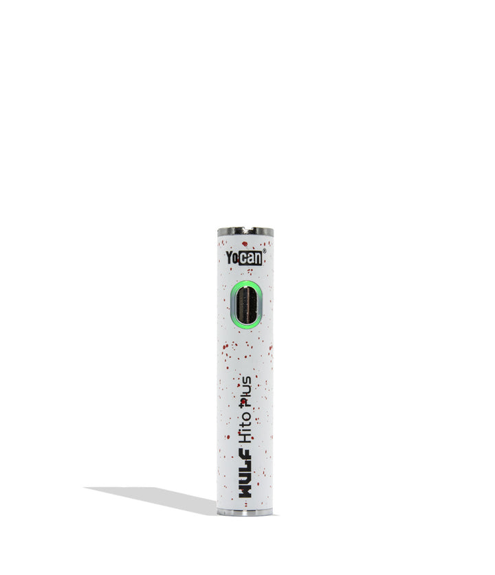 WULF Mods Yocan Hito Plus vaporizer 510 battery standing vertically upright on a white background in the color variant white red spatter