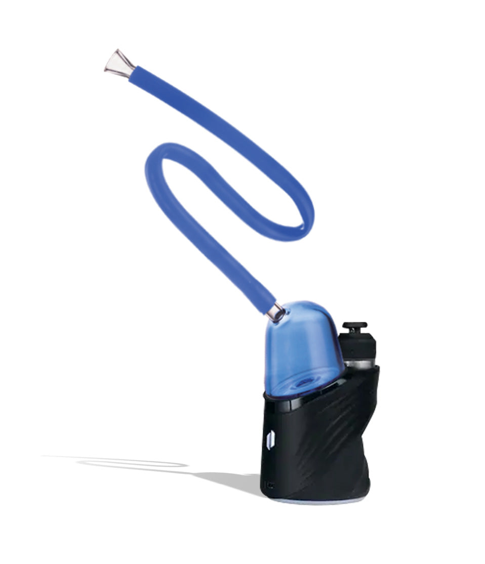 WULF Link Puffco Peak glass attachment in blue, silicone tube coiled above a Puffco Peak base