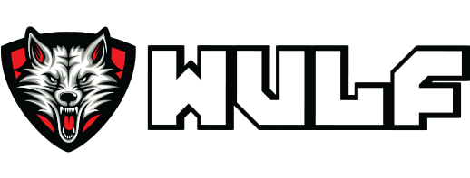 A stylized wolf head crest in black, white, and red positioned to the left of the bold white letters 'WULF' outlined in black, shown on a plain white background.
