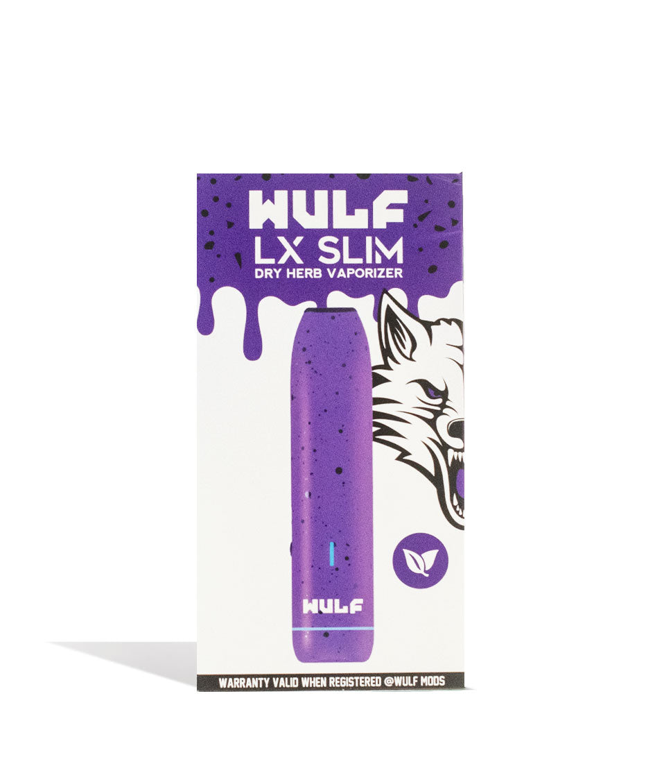 Purple Black Spatter Wulf Mods LX Slim Portable Dry Herb Vaporizer Packaging on white background