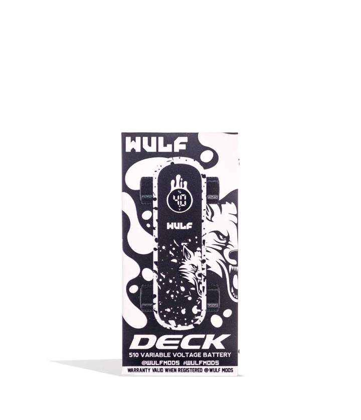 White Black Spatter Wulf Mods Deck Skateboard Voltage Battery  Packaging Front View on White Background