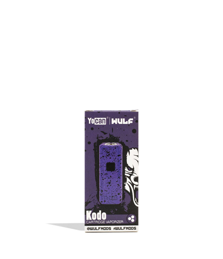 Purple Black Spatter Wulf Mods KODO Cartridge Vaporizer Packaging Front View on White Background