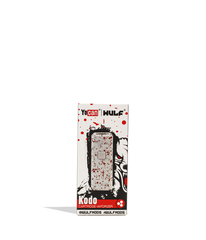 White Red Spatter Wulf Mods KODO Cartridge Vaporizer Packaging Front View on White Background