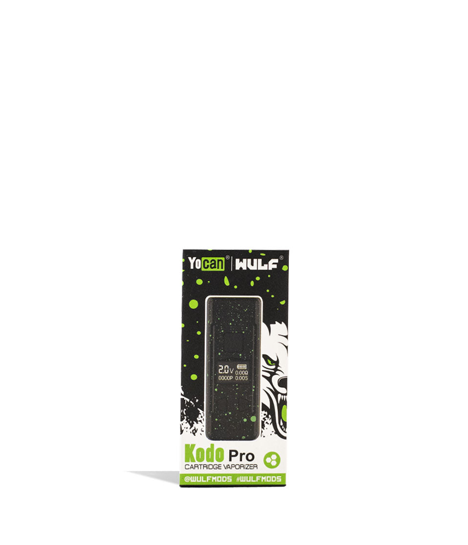 Black Green Spatter Wulf Mods KODO Pro Cartridge Vaporizer Packaging Front View on White Background
