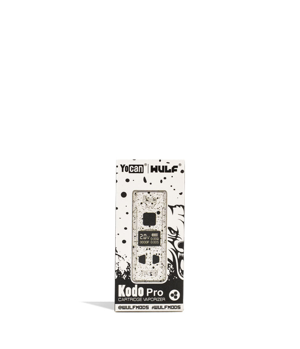 White Black Spatter Wulf Mods KODO Pro Cartridge Vaporizer Packaging Front View on White Background