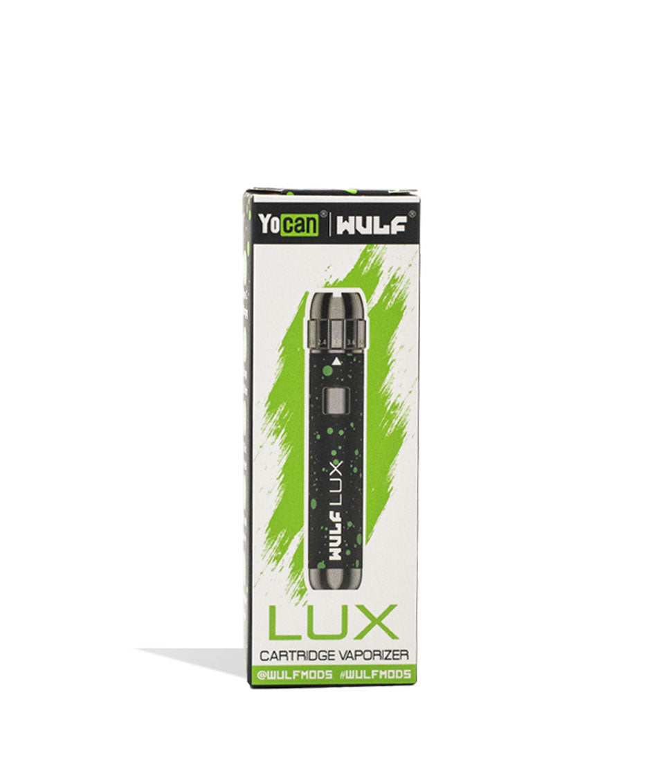 Black Green Spatter Wulf Mods LUX Cartridge Vaporizer Packaging Front View on White Background