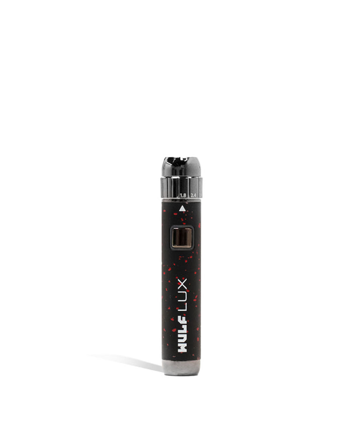 Black Red Spatter Wulf Mods LUX Cartridge Vaporizer Front View on White Background