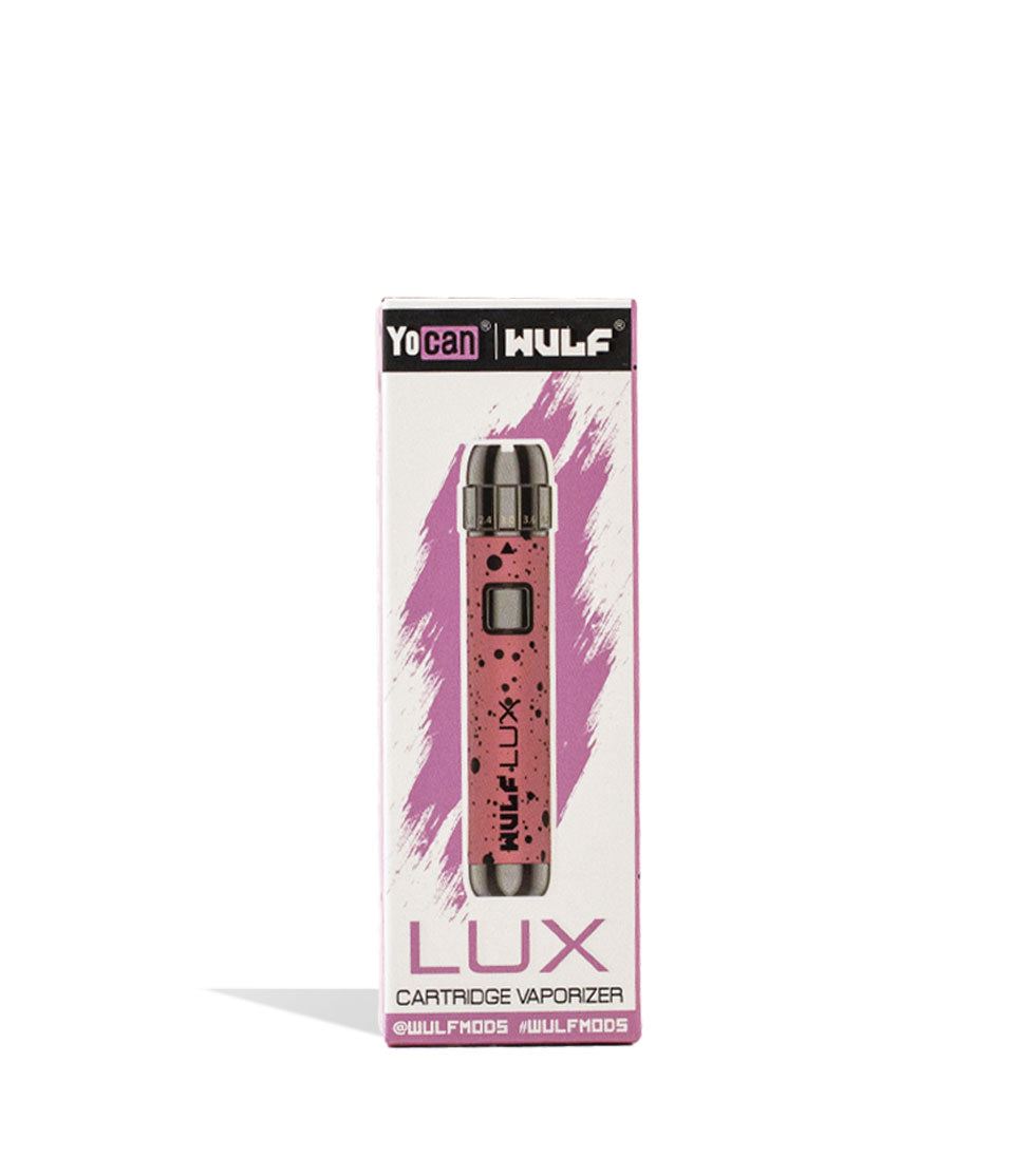 Pink Black Spatter Wulf Mods LUX Cartridge Vaporizer Packaging Front View on White Background