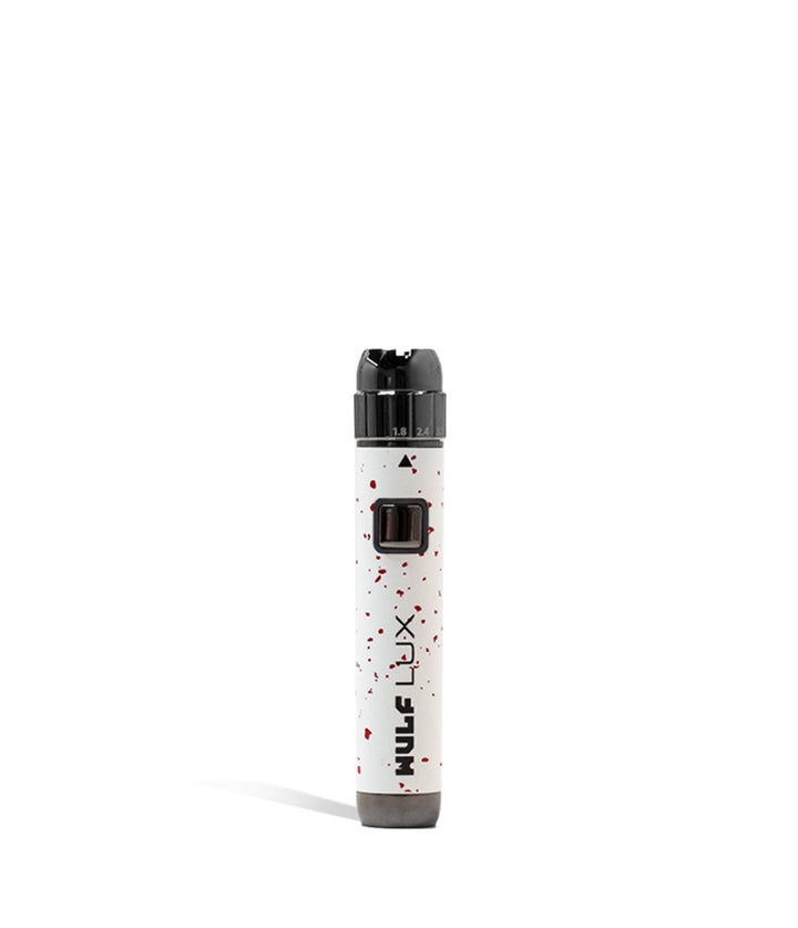 White Red Spatter Wulf Mods LUX Cartridge Vaporizer Front View on White Background