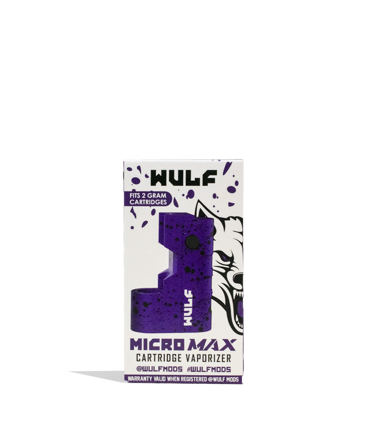 Purple Black Spatter packaging Wulf Mods Micro Max 2g Cartridge Vaporizer on white background