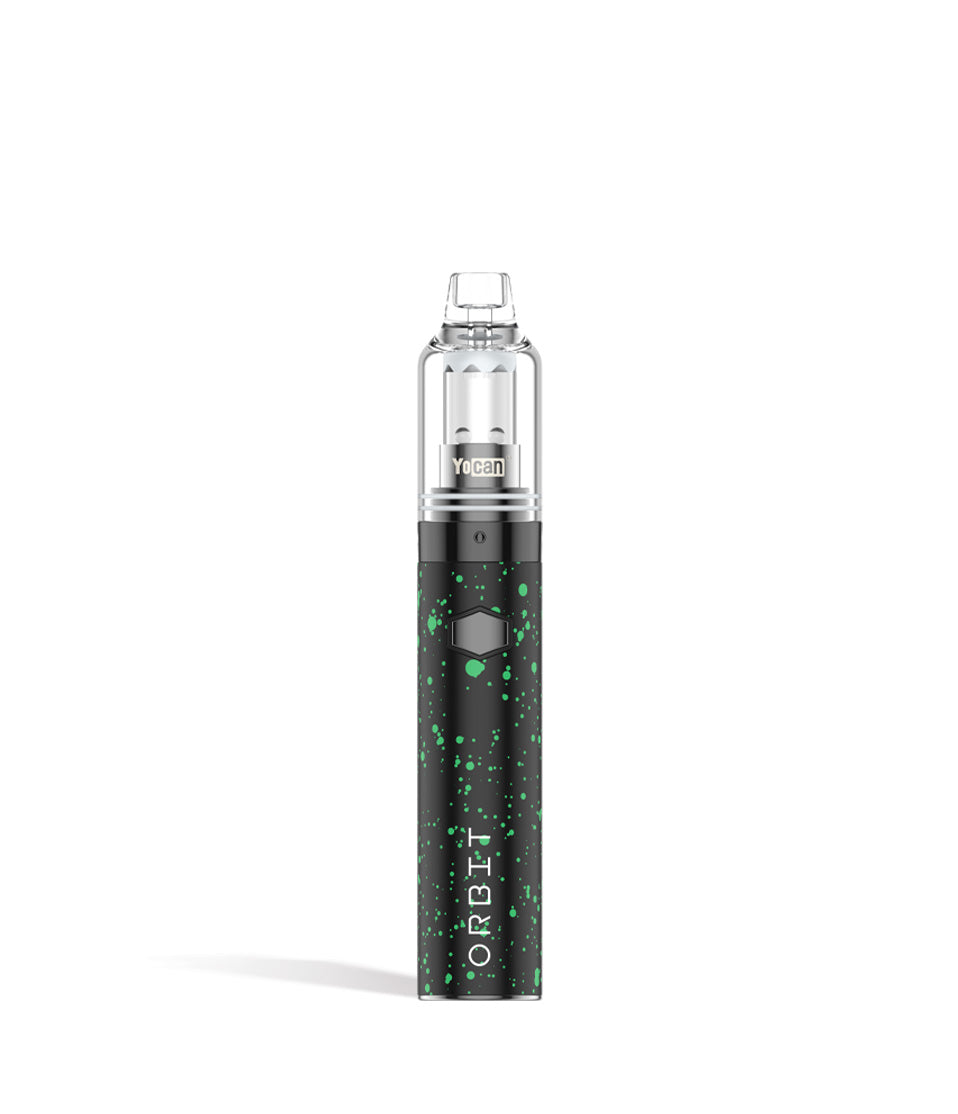 Black Green Spatter front view Wulf Mods Orbit Concentrate Vaporizer on white studio background